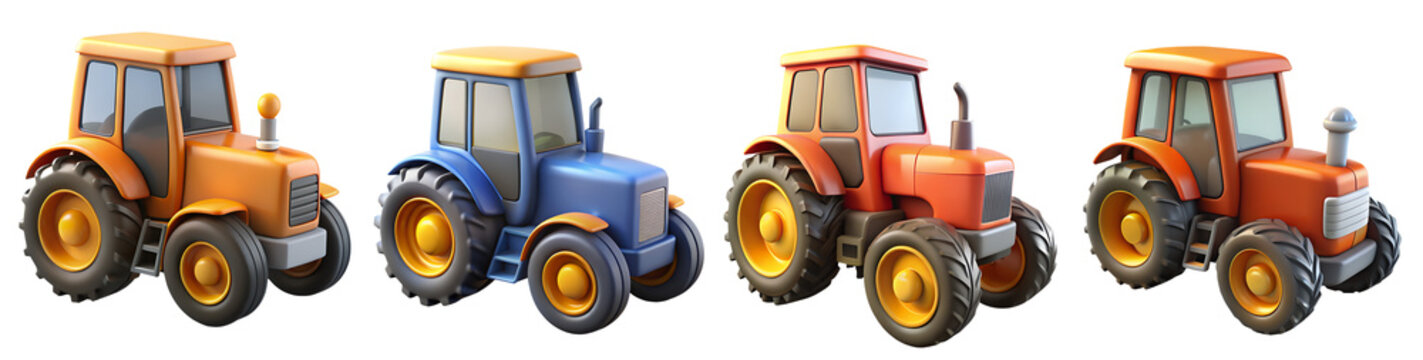 Four cartoon-style tractors with bright colors and distinctive designs stand side by side against a transparent background, attracting the attention of young viewers and inspiring them to engage in cr