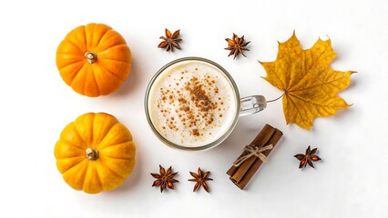 Pumpkin Spice Latte with Cinnamon Sticks, Star Anise, Pumpkins, and Autumn Leaf on White Background
