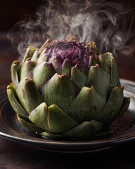 Obraz premium Steaming Artichoke on Plate; Dark Backdrop, Possible Cookbook Use