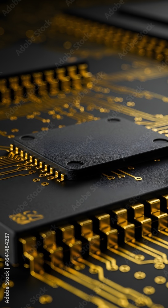 Poster close-up of a black microchip with golden connectors on a circuit board, showcasing intricate detail