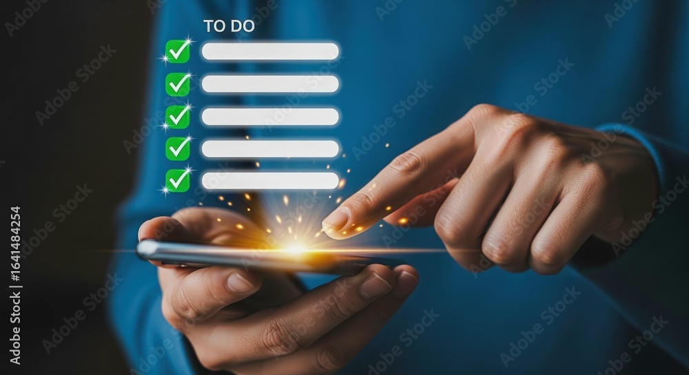 Poster digital to-do list: man interacting with an online checklist application on his mobile phone