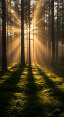 Obraz premium Sunlight streams through tall trees in a dense forest, casting long shadows across the mossy ground.
