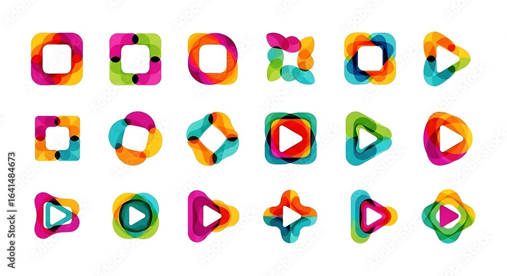 Aufkleber collection of abstract colorful shapes and play buttons isolated on white background
