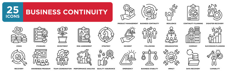 Business Continuity icon collection set. Containing design product management, business continuity, resilience, continuity planning, disaster recovery
