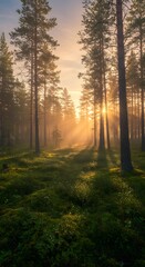 Obraz premium Sunlight streams through tall pine trees in a lush forest, illuminating the mossy ground in a serene and peaceful scene.