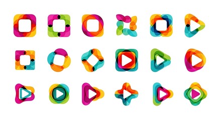 Collection of abstract colorful shapes and play buttons isolated on white background