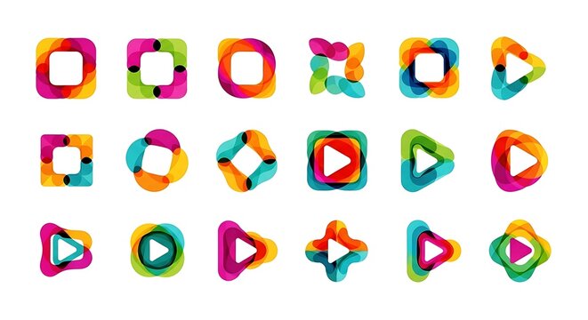 Collection of abstract colorful shapes and play buttons isolated on white background