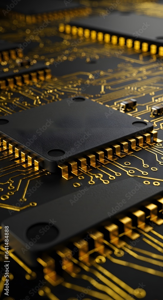 Poster close-up of a black circuit board with golden traces and integrated circuits, showcasing intricate e