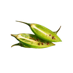 Fresh Green Bird's Eye Chili Peppers, Halved, Seeds Visible, Isolated on Black Background