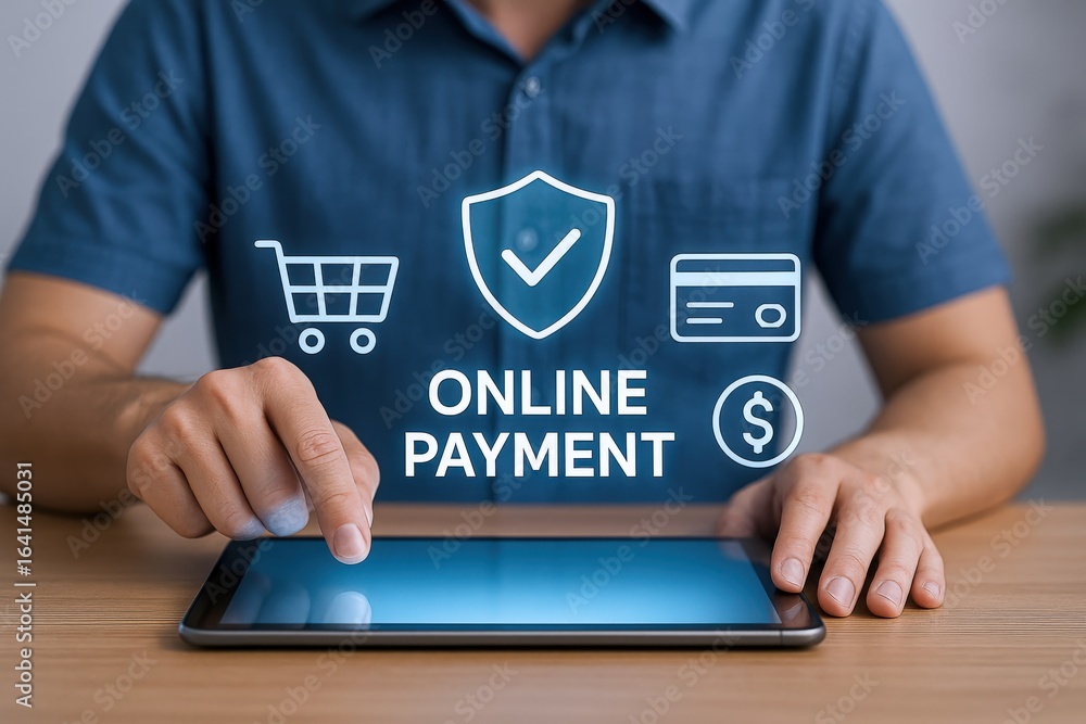 Poster man using tablet for online payment with secure digital transaction icons displayed above