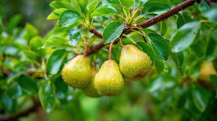 Fresh Green Pears Hanging on a Tree Branch in an Orchard after a Rain Shower