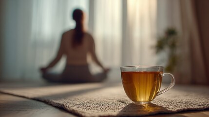 Relaxing Morning Ritual: Woman Meditating with Cup of Tea in Cozy, Sunlit Room
