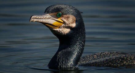 Close-up of an adult cormorant with sleek glossy black feathers and vibrant emerald green eyes emerging from dark murky water, long hooked beak, and dramatic lighting highlighting its sharp and inten