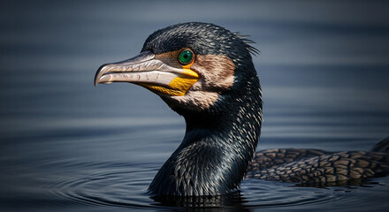  Close-up of an adult cormorant with sleek glossy black feathers and vibrant emerald green eyes emerging from dark murky water, long hooked beak, and dramatic lighting highlighting its sharp and inten