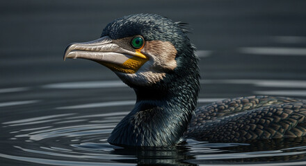 Close-up of an adult cormorant with sleek glossy black feathers and vibrant emerald green eyes emerging from dark murky water, long hooked beak, and dramatic lighting highlighting its sharp and inten