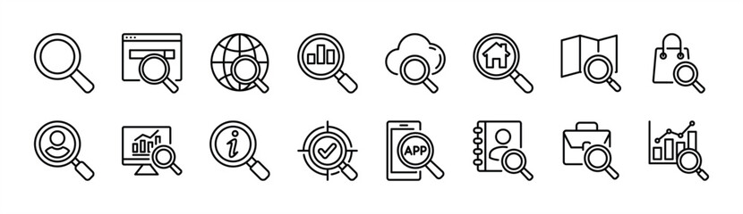Search icon set. Contains searching, magnifying glass, find, research, explore and investigate for bar data analysis, map, shop, people, information, work, contact, app, network. Vector illustration