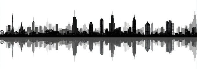 A black and white silhouette of a city skyline reflected in water