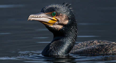  Close-up of an adult cormorant with sleek glossy black feathers and vibrant emerald green eyes emerging from dark murky water, long hooked beak, and dramatic lighting highlighting its sharp and inten