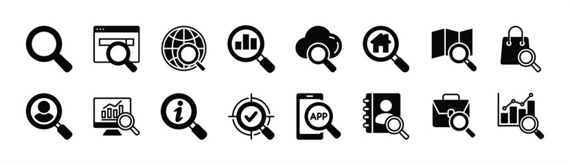 Search icon vector set. Contains searching, magnifying glass, find, research, explore and investigate for bar data analysis, map, shop, people, information, work, contact, app, network. Illustration