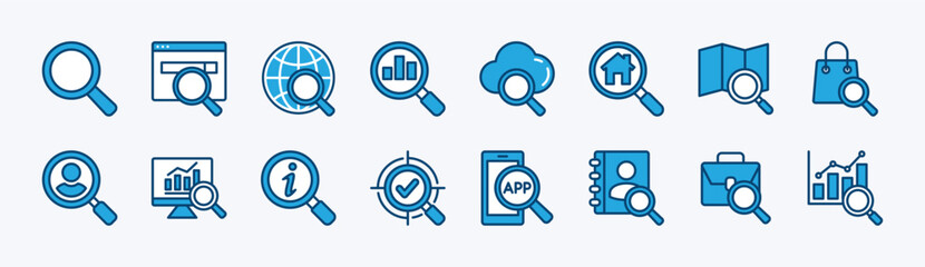 Set of search icon. Contains searching, magnifying glass, find, research, explore and investigate for bar data analysis, map, shop, people, information, work, contact, app, network vector illustration