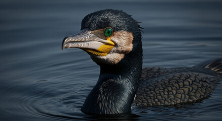  Close-up of an adult cormorant with sleek glossy black feathers and vibrant emerald green eyes emerging from dark murky water, long hooked beak, and dramatic lighting highlighting its sharp and inten