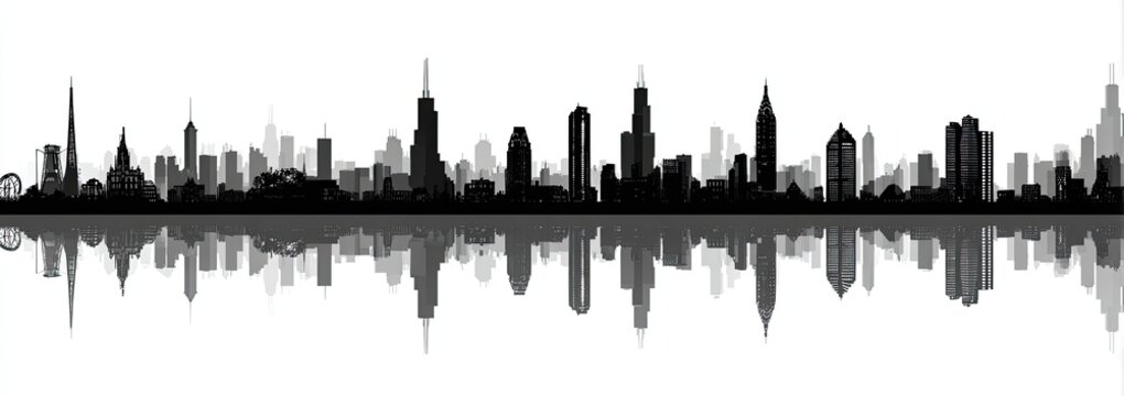 Fototapeta A black and white silhouette of a city skyline reflected in water