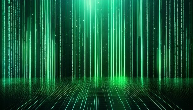 futuristic green digital matrix with vertical lines and binary code