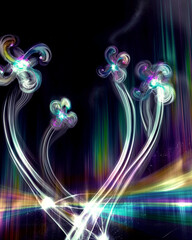 Vibrant Floral Fantasy: An abstract artistic rendering of radiant floral forms against a deep, dark expanse. The piece is a digital creation that plays with light and color.