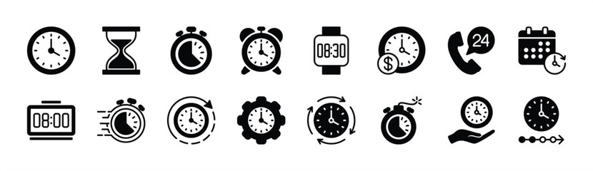 Time icon vector set. Contains clock, timer, alarm, stopwatch, schedule, hourglass, watch, timeline, deadline, fast countdown, 24 hours, sandglass, timetable, speed management. Illustration