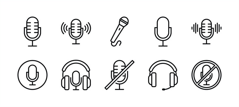 Microphone or mic button icon set. Contains headphone, mute, broadcast, podcast, broadcasting, audio vocal sound, voice, music karaoke, musical studio, loudspeaker. Vector illustration