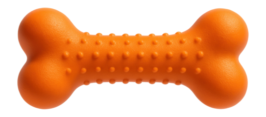 Squeaky toy shaped like a bone, made of durable rubber, suitable for a dog in a suburban backyard.