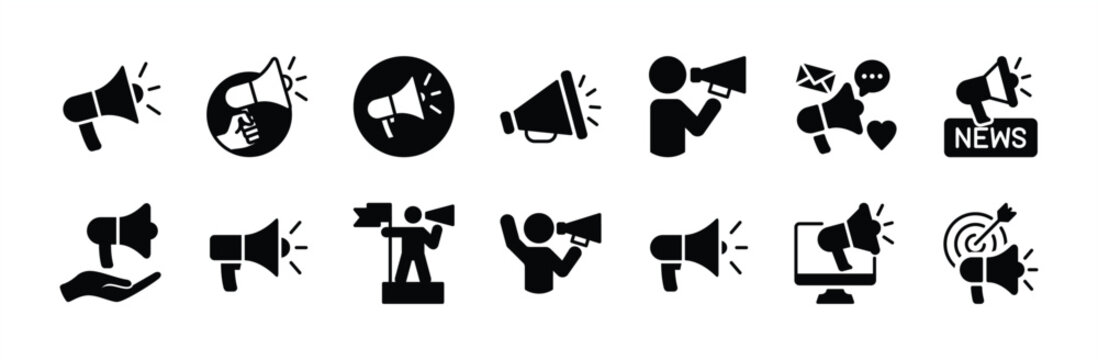 Megaphone, loudspeaker, speaker, bullhorn icon vector set. Contains news announcement, activism, public message, communication, announce, loud audio sound, social media, voice. Illustration