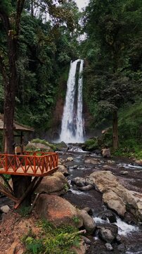 Vertical drone footage captures the beauty of Gitgit Waterfall in Bali, cascading through lush tropical jungle, surrounded by dense greenery and a rocky riverbed with large boulders.