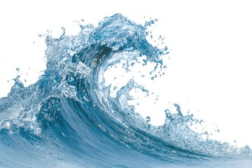 A powerful ocean wave, rendered in a detailed, light-blue,  and translucent style.  Splashes and droplets of water cresting the wave's peak against a white background