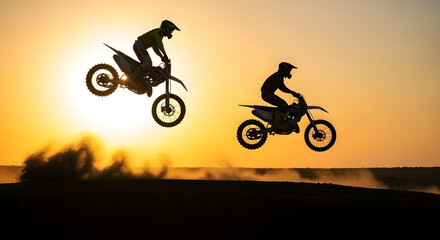 Obraz premium Two silhouetted dirt bike riders mid-air against a golden sunrise or sunset sky. 