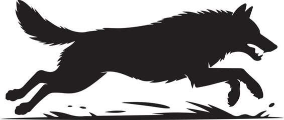 Black Silhouette of Wolf Sprinting at Full Speed Tail Extended Isolated on White