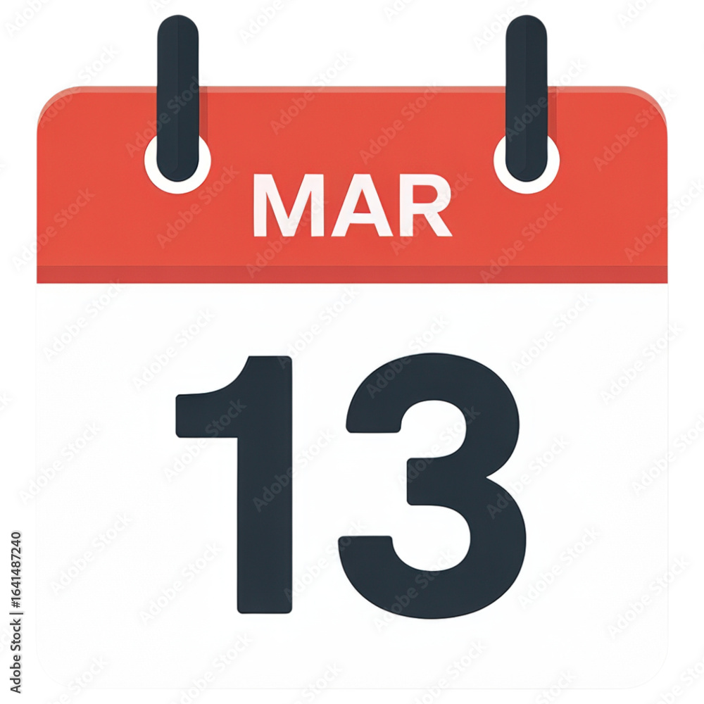 Poster march 13th calendar icon with red header and bold black numbers on a white page, perfect for digital