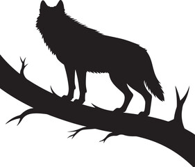 Black Silhouette of Wolf Standing on Horizontal Tree Trunk Isolated on White