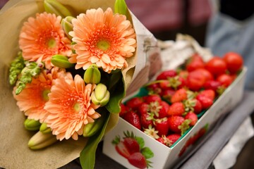 fresh strawberries and pretty flowers