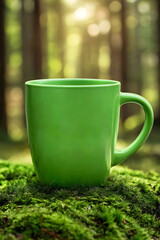 Obraz premium Empty Green Coffee Mug on Mossy Forest Floor