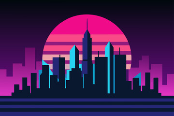 Retro city skyline sunset