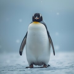 Obraz premium Majestic Penguin Standing on Snowy Terrain with Gentle Snowfall and Blue Sky