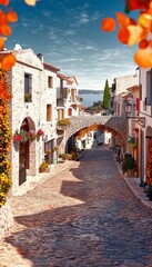 Naklejka premium Charming European Streets with Cobblestone Walkways, Vibrant Architecture, and Autumn Colors