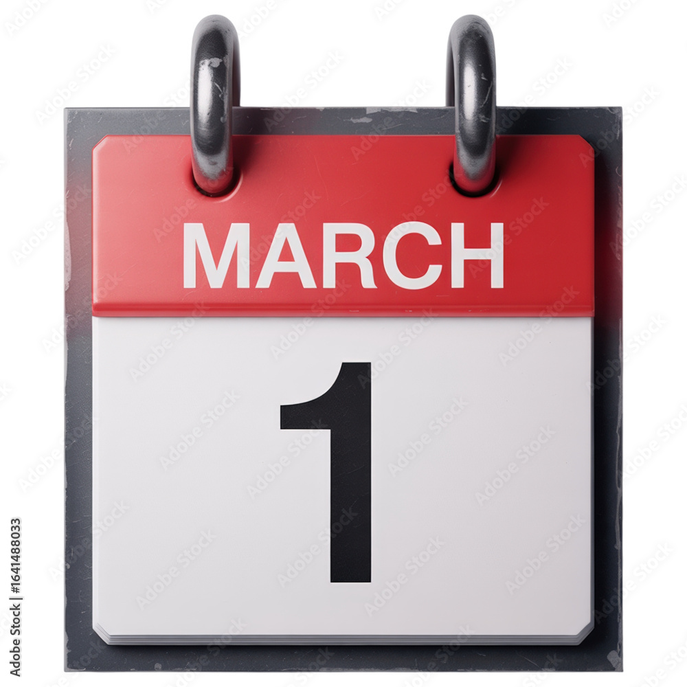 Poster march 1st calendar page with red header and bold black number on a white page, ideal for marking imp