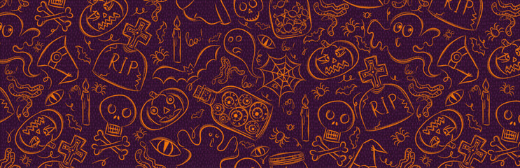 Color banner with halloween decoration. Halloween greeting banner. Horizontal halloween background, headers, posters, website. Vector illustration