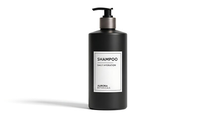 Obraz premium A black plastic bottle of shampoo with a pump top, displaying a minimalist white label.