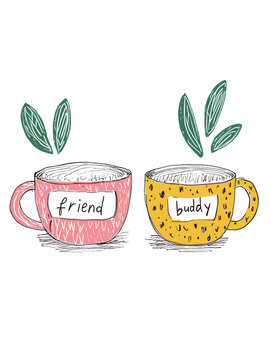 Fototapeta Vector illustration of cups with the inscriptions "friend" and "buddy" with leaves on a transparent background