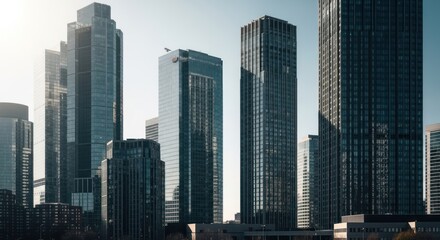 Fototapeta premium City skyline with tall, modern skyscrapers against a bright sky