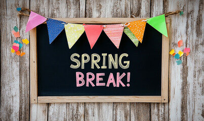 Festive Spring Break Announcement on Chalkboard with Colorful Bunting