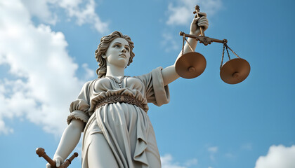 The Lady Justice statue, a symbol of law and fairness, stands tall against a blue sky.